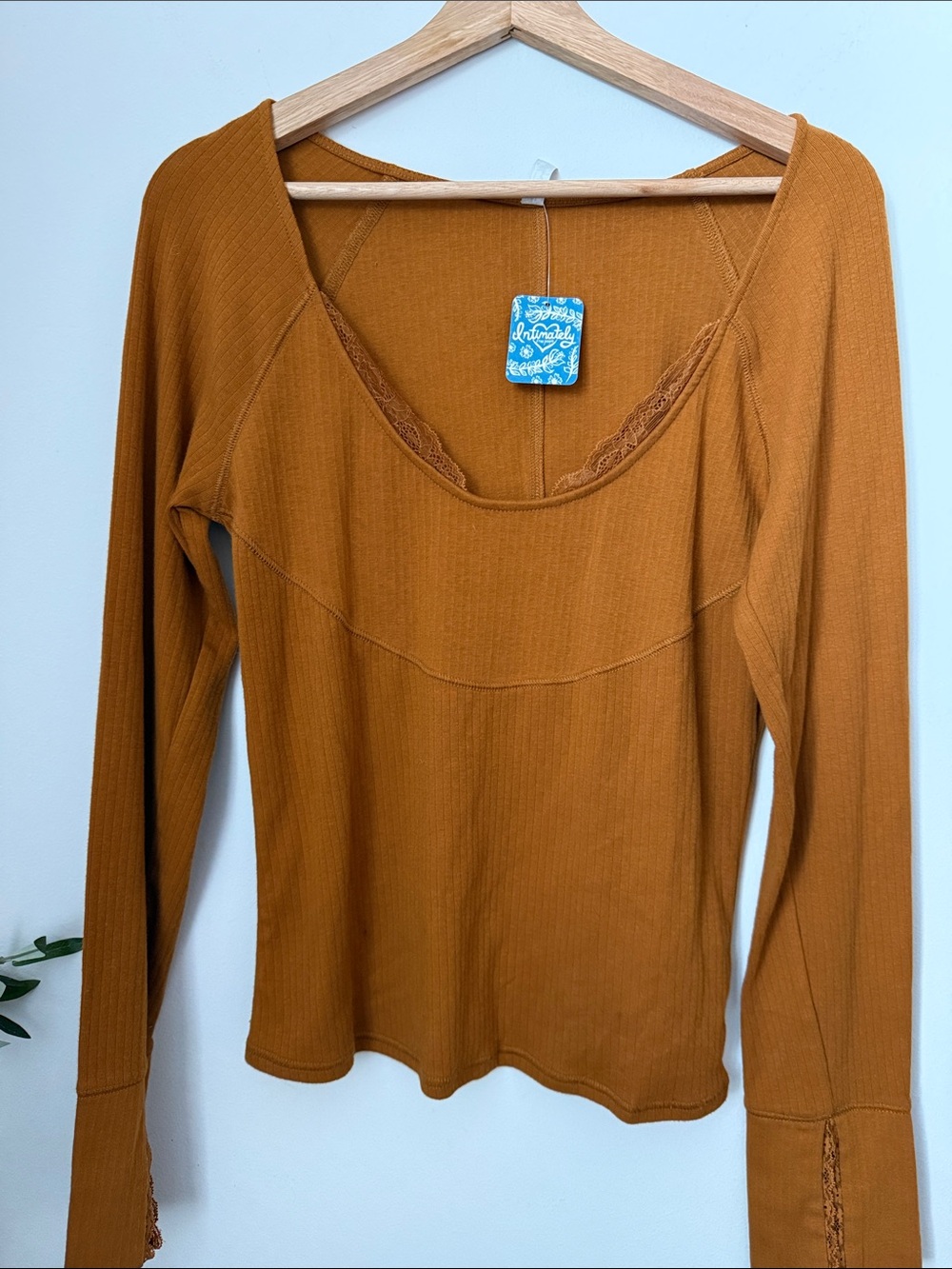 Free People Ribbed Scoop Neck Long Sleeve Top in Mustard Size XL